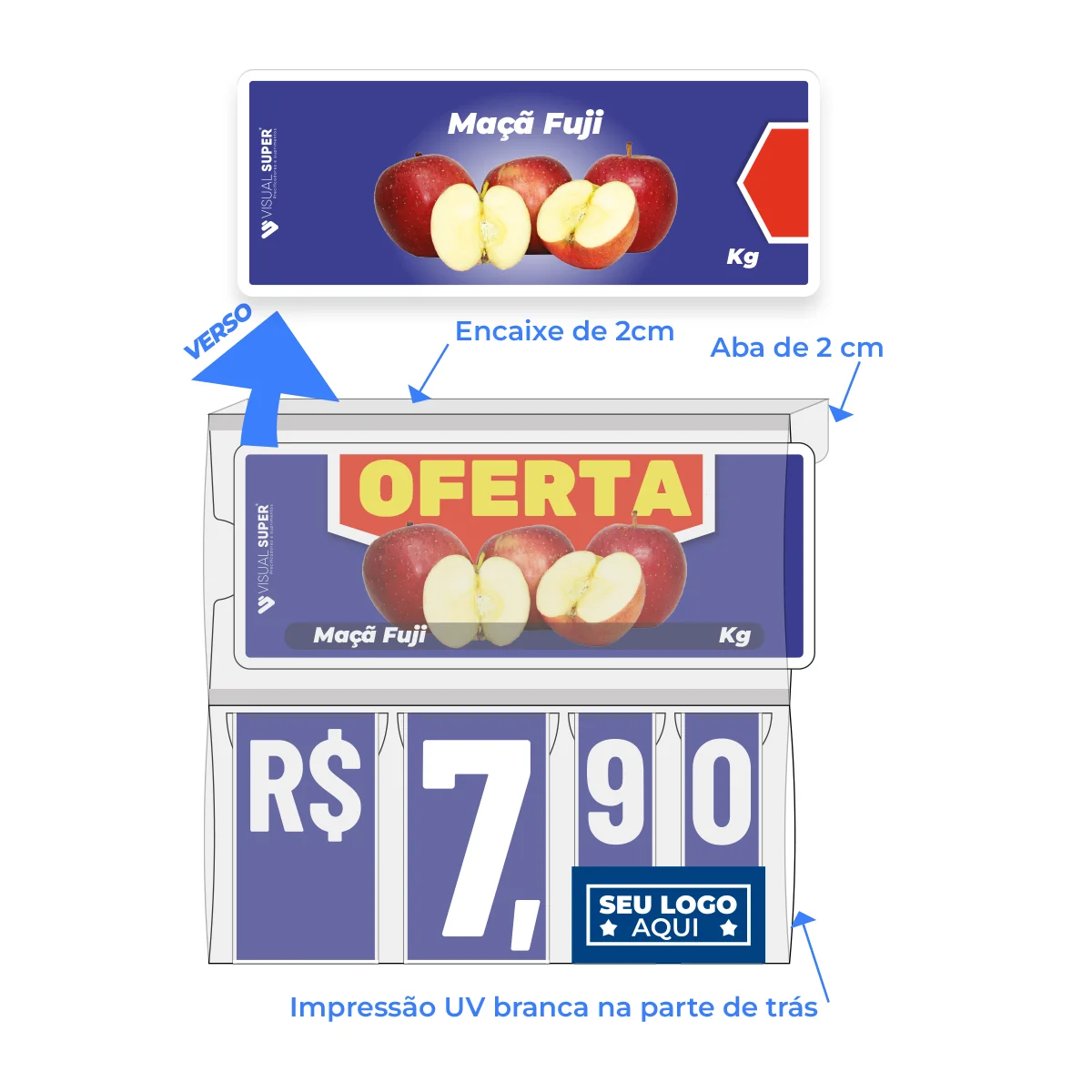Precificador E1 em Petg 0,75mm 18×16,5cm – c/ Nº Azul c/ Encaixe de 2cm