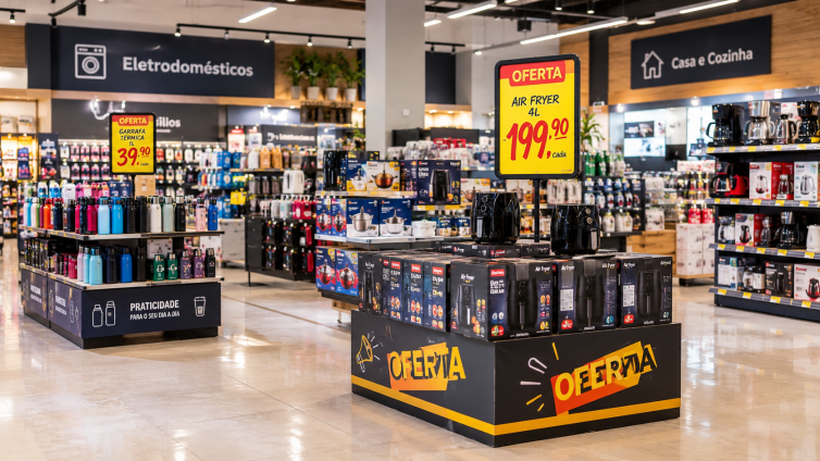 Comunicação no PDV com cartazes promocionais e materiais de merchandising em supermercado