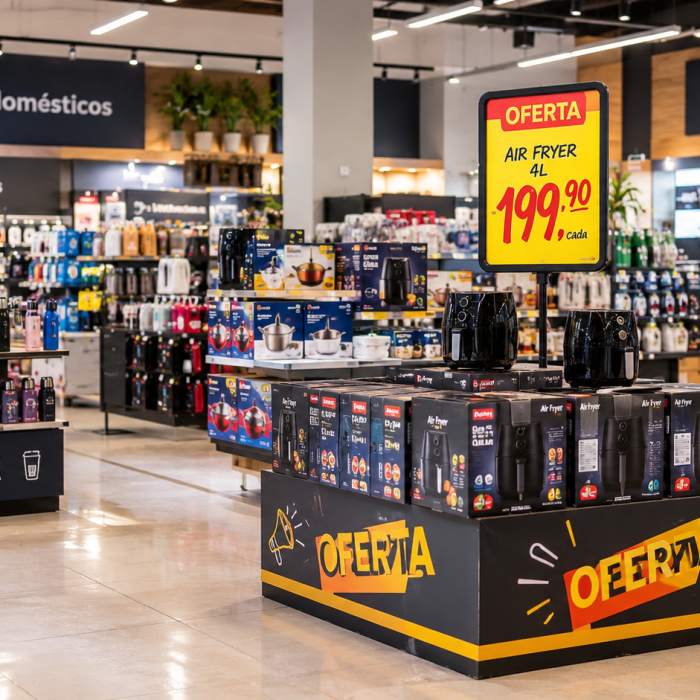Comunicação no PDV com cartazes promocionais e materiais de merchandising em supermercado
