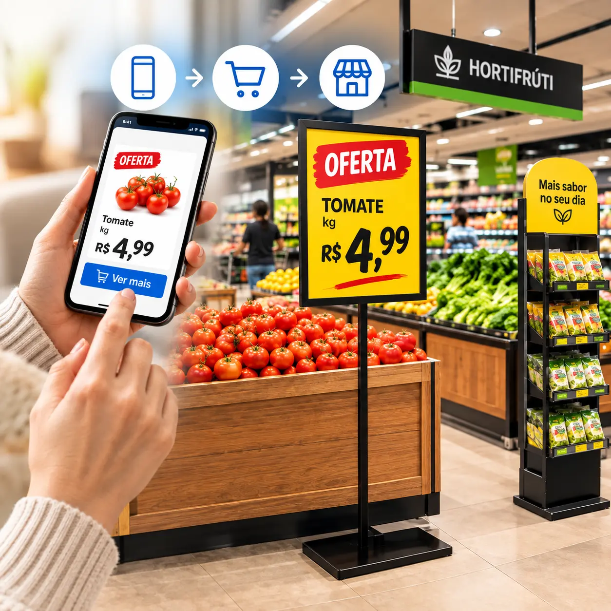 Comunicação no PDV: oferta de tomates no hortifrúti Comunicação no PDV com oferta de tomate e cartaz promocional no hortifrúti