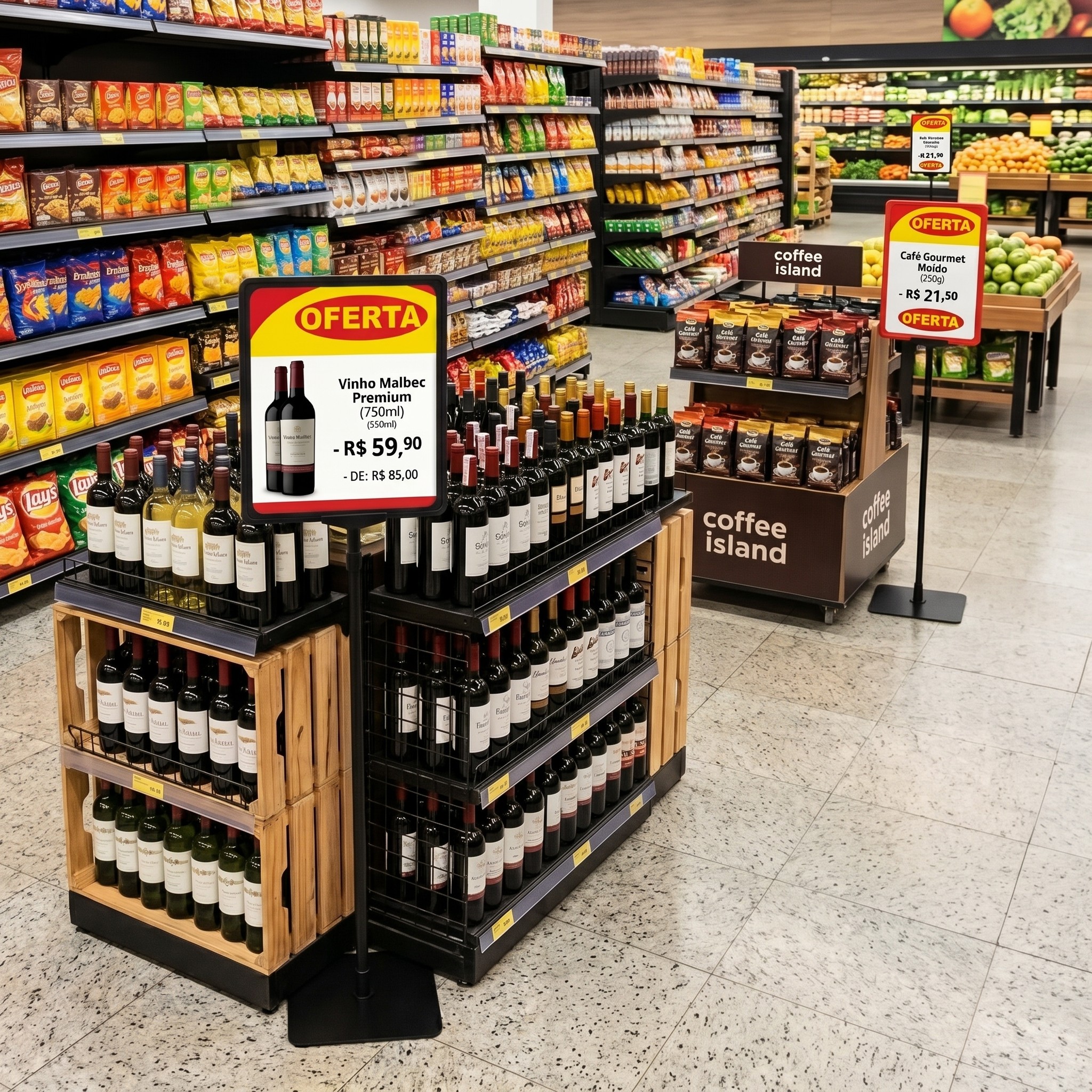 Comunicação no PDV: pedestal promocional no supermercado Comunicação no PDV com pedestal promocional de vinho em supermercado