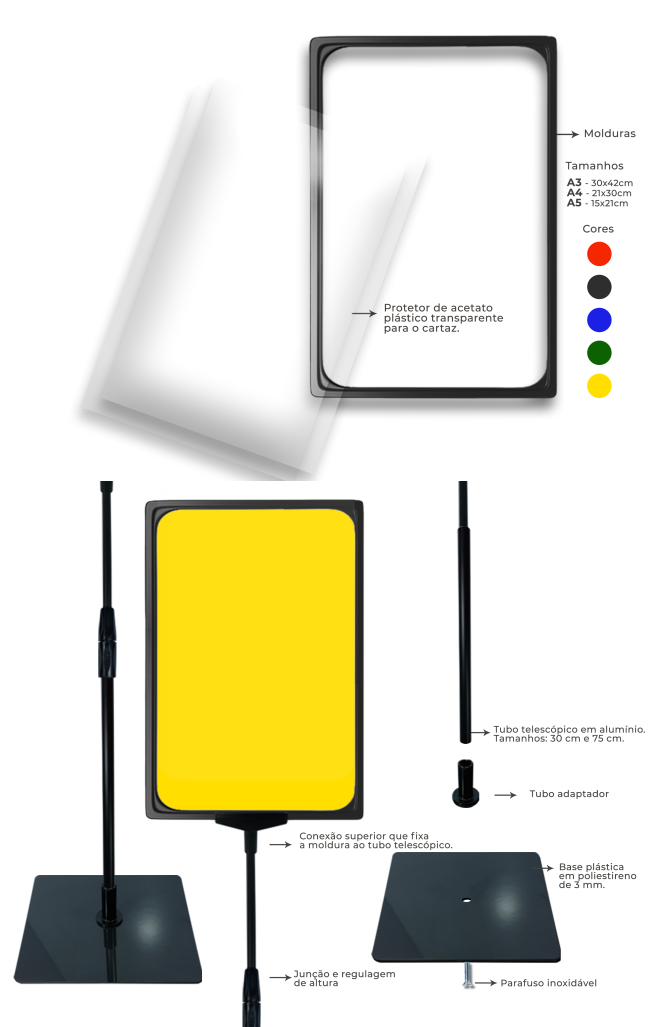 Comunicação no PDV: pedestal para cartazes promocionais Pedestal para Comunicação no PDV com moldura para cartaz e base ajustável