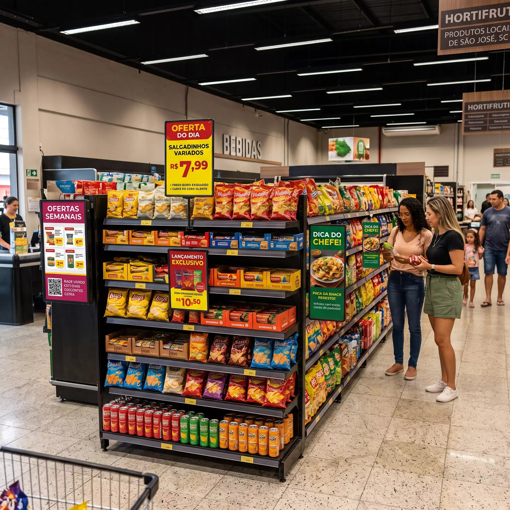 Comunicação no PDV: pontos estratégicos na loja Comunicação no PDV com cartazes promocionais e materiais de merchandising em supermercado
